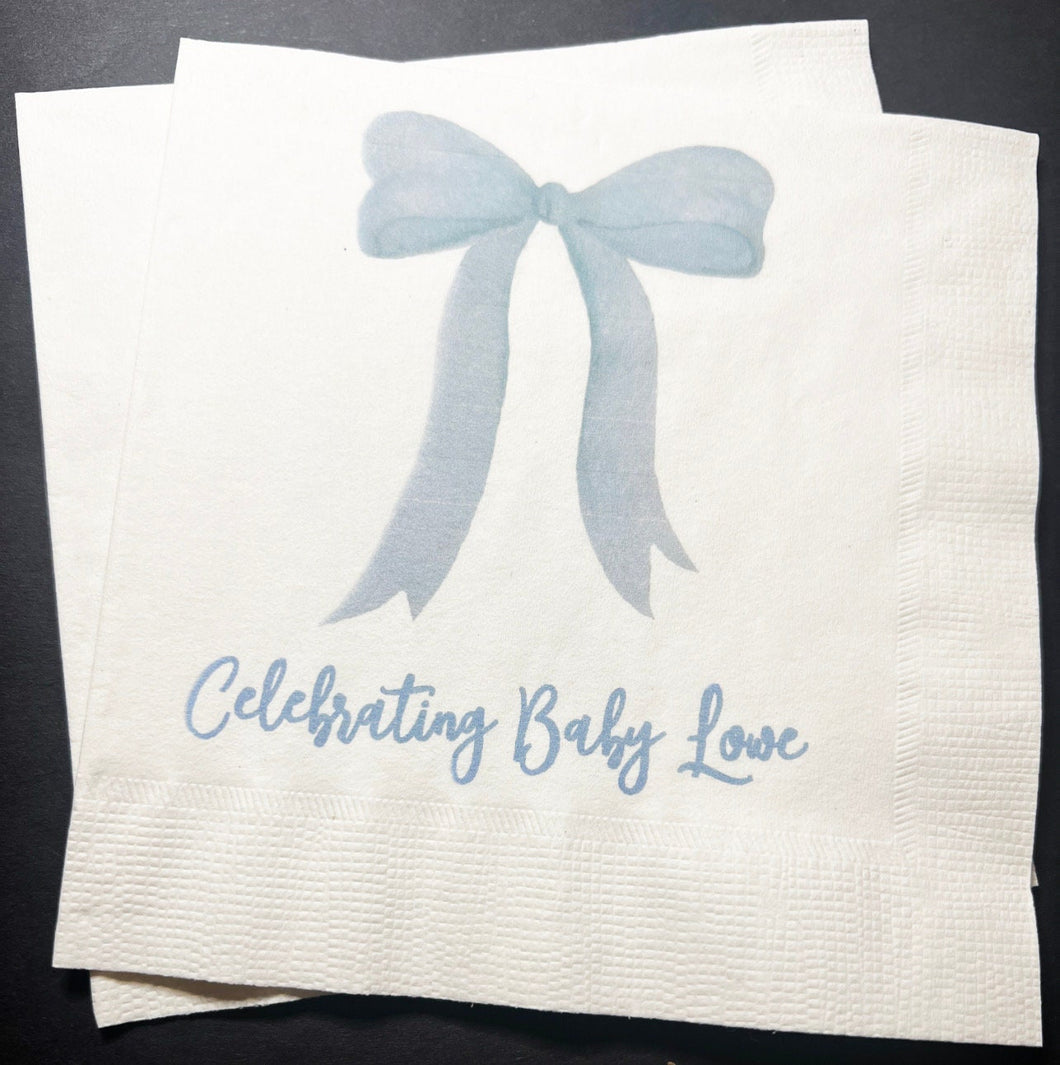 Blue Bow Baby Shower It’s a Boy Blue Boy Baby Shower Personalized Cocktail, Luncheon or Dinner Napkins Set of 25