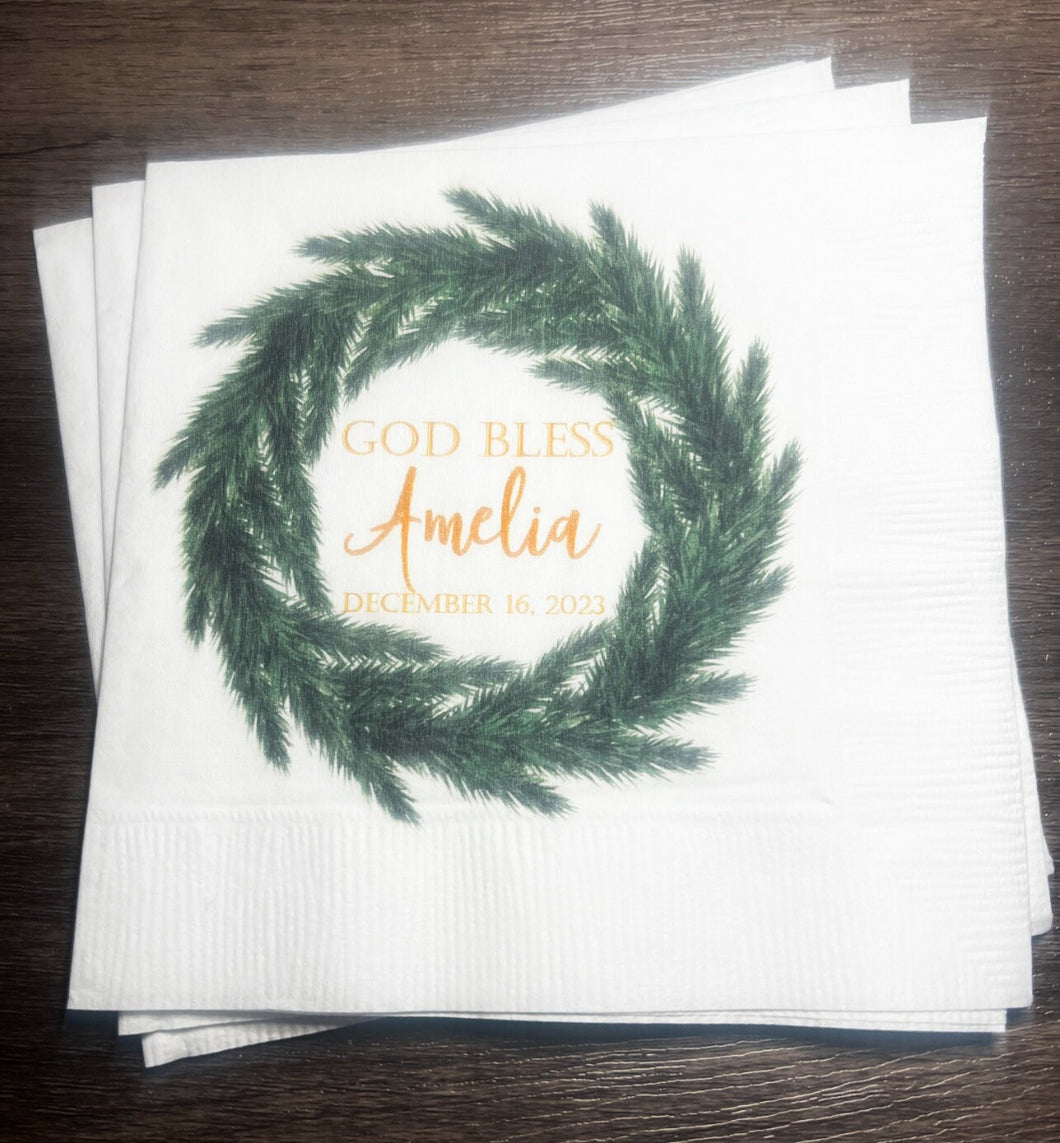 Baptism Winter Christmas Baptism Holiday Christening Baby Dedication Personalized Cocktail, Luncheon or Dinner Napkins Set of 25