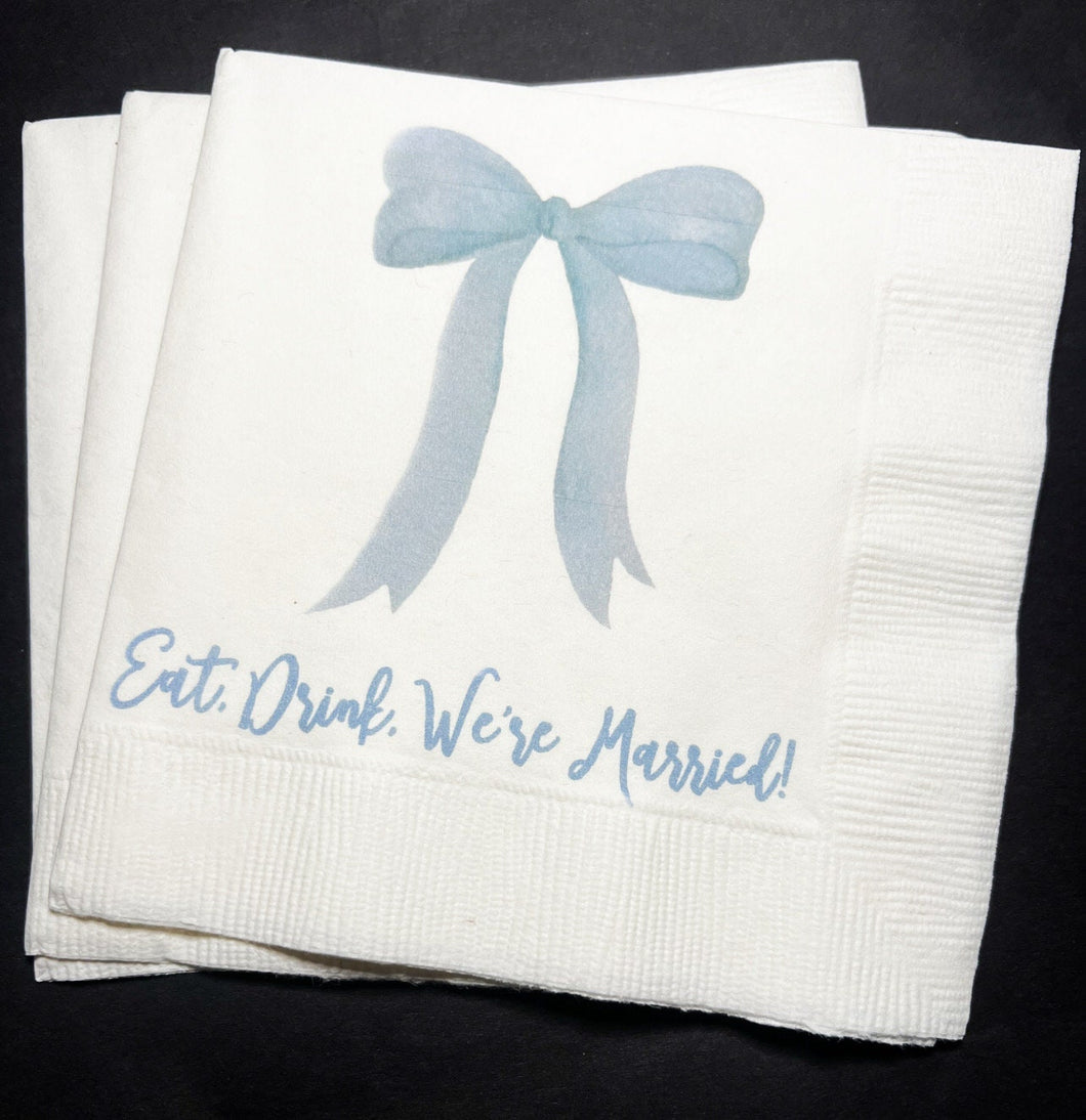 Blue Bow Eat Drink We're Married Wedding Bridal Shower Cocktail, Luncheon or Dinner Napkins Set of 25
