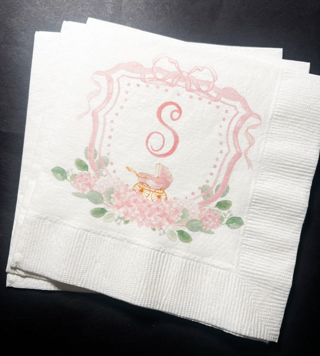 Baby Carriage Watercolor Crest Monogram Pink Bow Baby Shower Personalized Cocktail, Luncheon or Dinner Napkins Set of 25