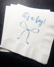 Load image into Gallery viewer, Blue Bow Baby Shower It’s a Boy Blue Boy Baby Shower Cocktail or Luncheon Napkins, Set of 25
