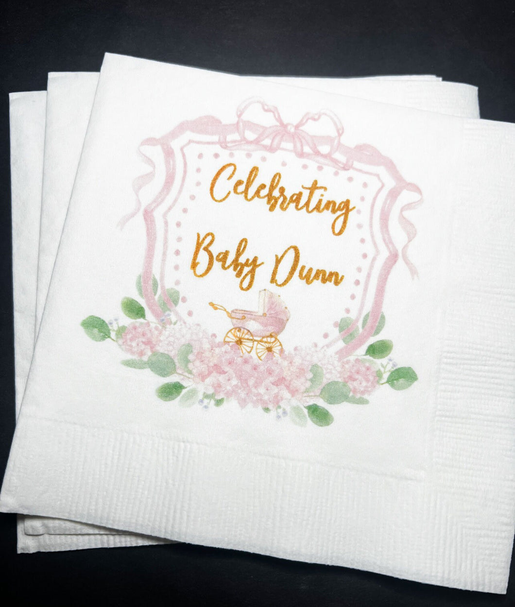 Baby Carriage Watercolor Crest Pink Bow Baby Shower Personalized Cocktail, Luncheon or Dinner Napkins Set of 25