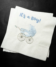 Load image into Gallery viewer, Baby Carriage Boy Baby Shower It&#39;s a Boy Blue Bow Baby Shower Cocktail, Luncheon or Dinner Napkins Set of 25
