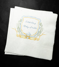 Load image into Gallery viewer, Baby Carriage Boy Baby Shower Watercolor Crest Monogram Blue Bow Baby Shower Personalized Cocktail, Luncheon or Dinner Napkins Set of 25
