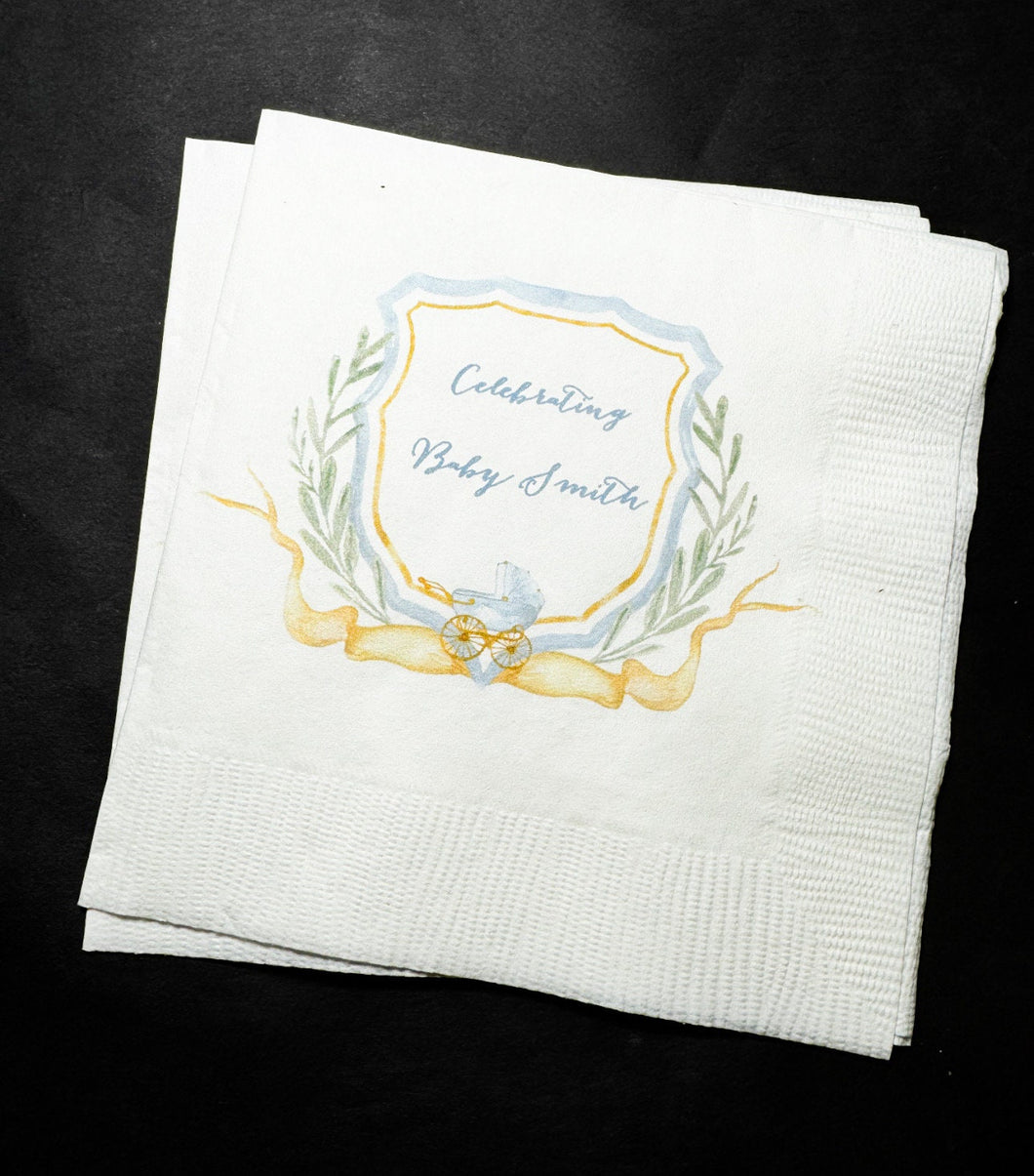 Baby Carriage Boy Baby Shower Watercolor Crest Monogram Blue Bow Baby Shower Personalized Cocktail, Luncheon or Dinner Napkins Set of 25