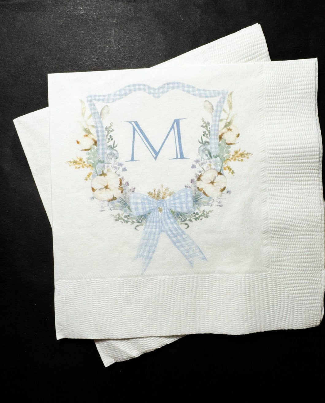 Boy Birthday Watercolor Crest Monogram Blue Bow Baby Shower Birthday Party Personalized Cocktail, Luncheon or Dinner Napkins Set of 25