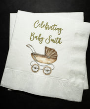 Load image into Gallery viewer, Baby Carriage Gender Neutral Baby Shower Gold Baby Shower Personalized Cocktail, Luncheon or Dinner Napkins Set of 25

