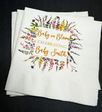 Load image into Gallery viewer, Baby in Bloom Spring Summer Baby Shower Wildflower Personalized Cocktail, Luncheon or Dinner Napkins Set of 25
