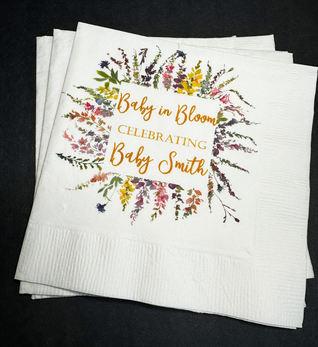 Baby in Bloom Spring Summer Baby Shower Wildflower Personalized Cocktail, Luncheon or Dinner Napkins Set of 25