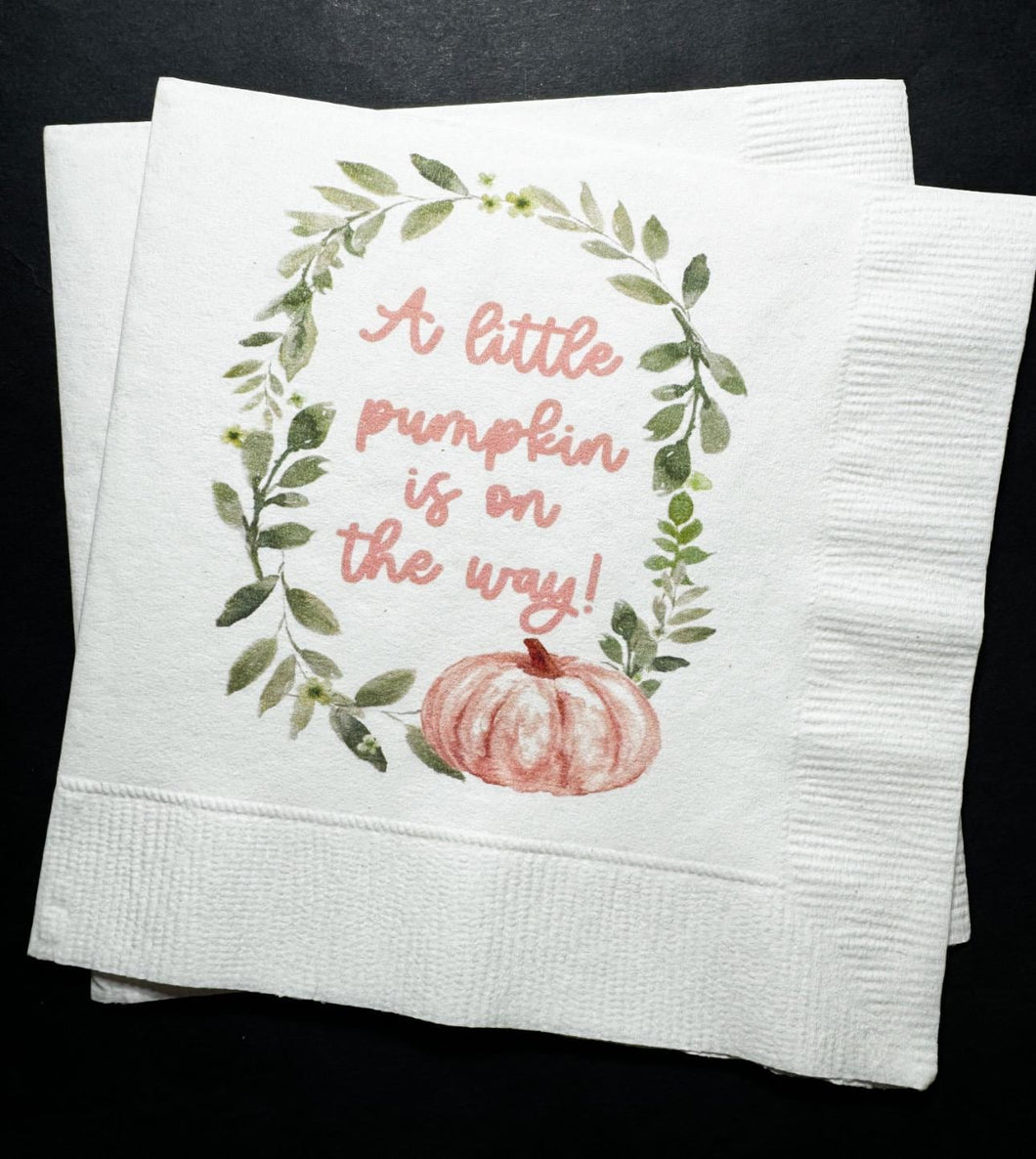 A Little Pumpkin Is On It's Way Girl Fall Baby Shower Pink Pumpkin Cocktail, Luncheon or Dinner Napkins Set of 25