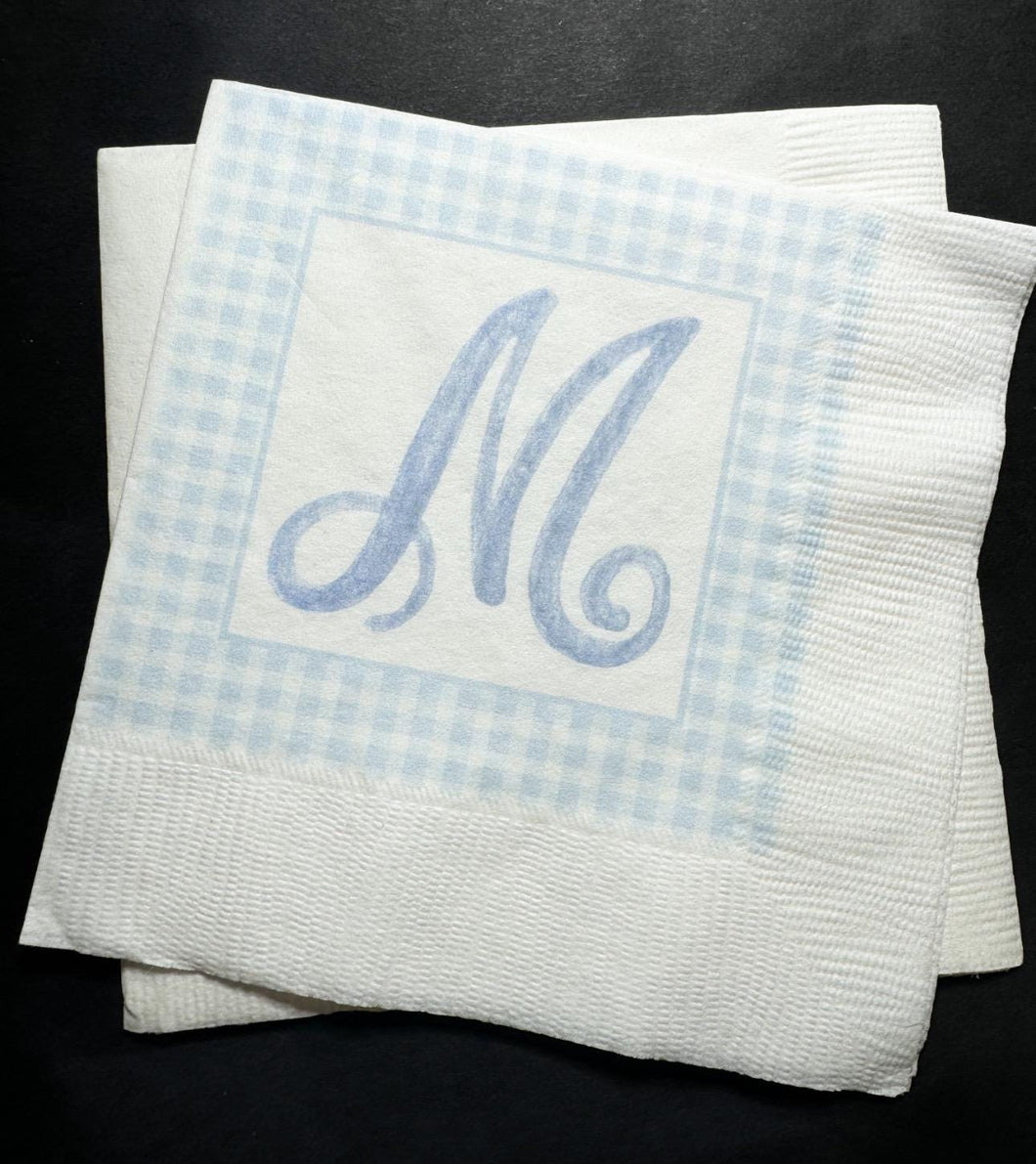 Blue Monogram Boy Gingham Baby Shower Birthday Blue Preppy Bridal Shower Personalized Cocktail, Luncheon or Dinner Napkins Set of 25