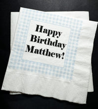 Load image into Gallery viewer, Boy Birthday Blue Gingham Preppy Monogram Personalized Cocktail, Luncheon or Dinner Napkins Set of 25
