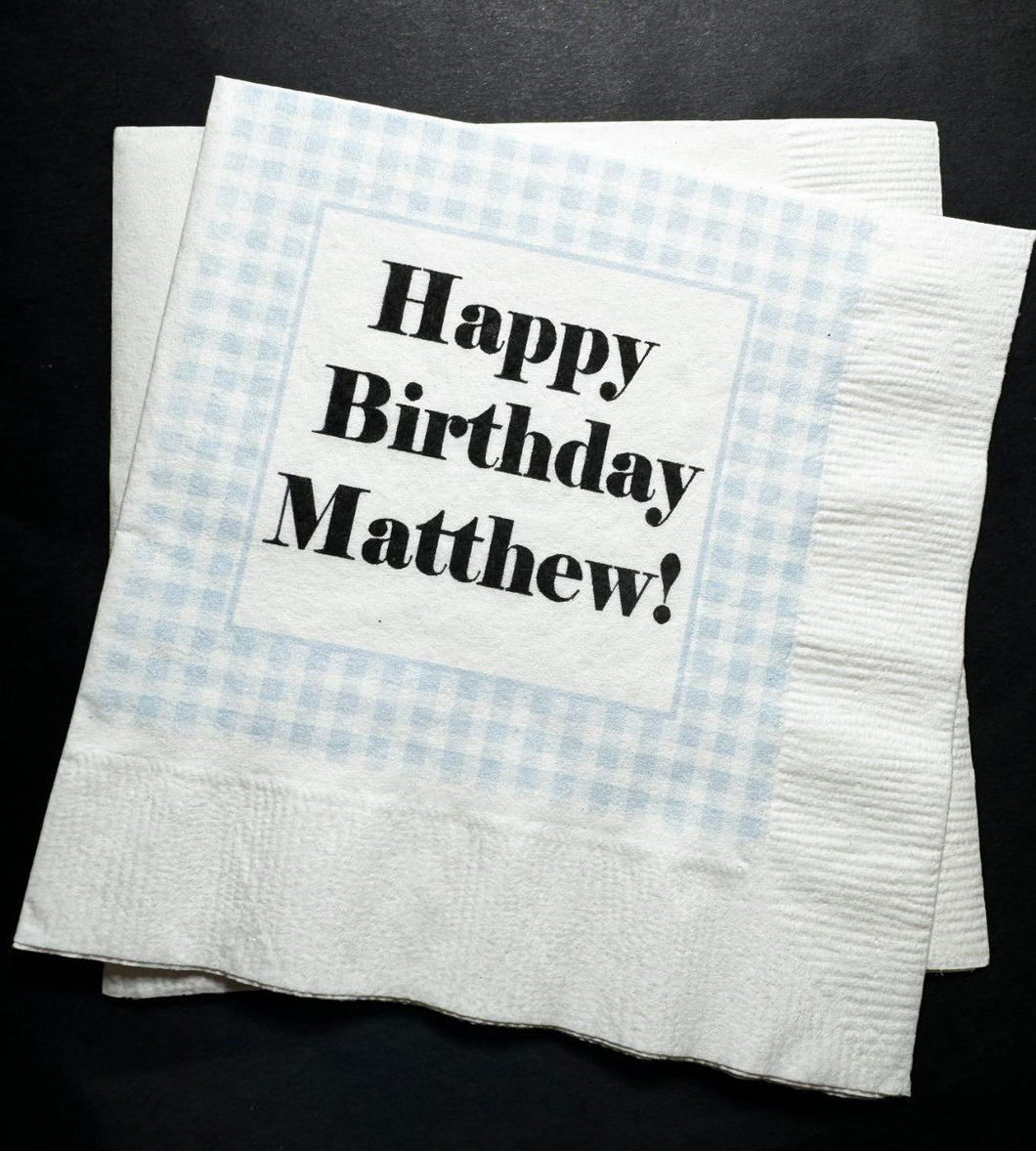 Boy Birthday Blue Gingham Preppy Monogram Personalized Cocktail, Luncheon or Dinner Napkins Set of 25