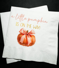 Load image into Gallery viewer, A Little Pumpkin Is On The Way Girl Pink Bow Fall Baby Shower Pink Pumpkin Cocktail, Luncheon or Dinner Napkins Set of 25
