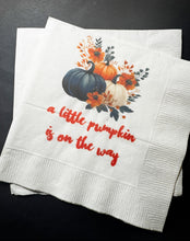 Load image into Gallery viewer, A Little Pumpkin Is On It&#39;s Way Fall Baby Shower Pumpkin Autumn Baby Cocktail, Luncheon or Dinner Napkins Set of 25
