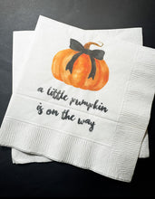 Load image into Gallery viewer, A Little Pumpkin Is On It&#39;s Way Fall Baby Shower Pumpkin Autumn Baby Cocktail, Luncheon or Dinner Napkins Set of 25
