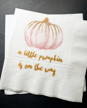 Load image into Gallery viewer, A Little Pumpkin Is On It&#39;s Way Fall Baby Shower Pumpkin Autumn Baby Cocktail, Luncheon or Dinner Napkins Set of 25
