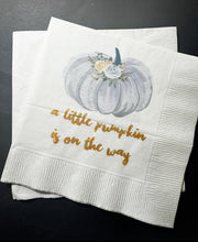 Load image into Gallery viewer, A Little Pumpkin Is On It&#39;s Way Fall Baby Shower Pumpkin Autumn Baby Cocktail, Luncheon or Dinner Napkins Set of 25
