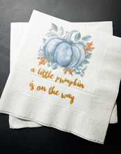 Load image into Gallery viewer, A Little Pumpkin Is On It&#39;s Way Fall Baby Shower Pumpkin Autumn Baby Cocktail, Luncheon or Dinner Napkins Set of 25
