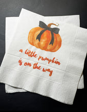 Load image into Gallery viewer, A Little Pumpkin Is On It&#39;s Way Fall Baby Shower Pumpkin Autumn Baby Cocktail, Luncheon or Dinner Napkins Set of 25
