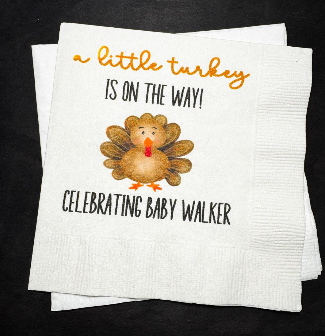 A Little Turkey is on the Way Thanksgiving Baby Shower Fall Turkey Baby Shower Personalized Cocktail, Luncheon or Dinner Napkins Set of 25