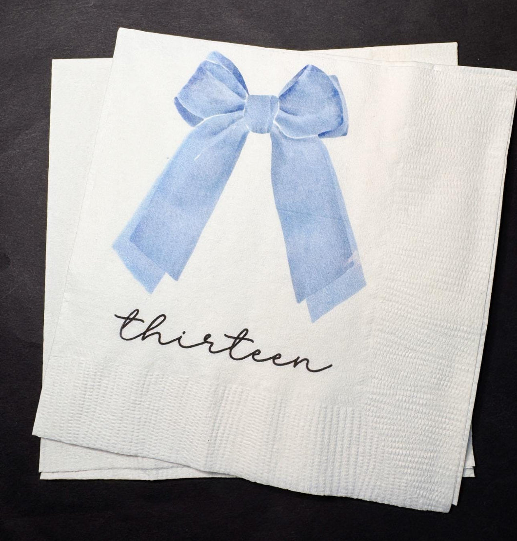 Blue Bow 13th Birthday Thirteen Blue Bow Theme Birthday Party Cocktail, Luncheon or Dinner Napkins Set of 25