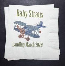 Load image into Gallery viewer, Airplane Baby Shower Baby Landing Blue Airplane Boy Baby Shower Personalized Cocktail, Luncheon or Dinner Napkins Set of 25
