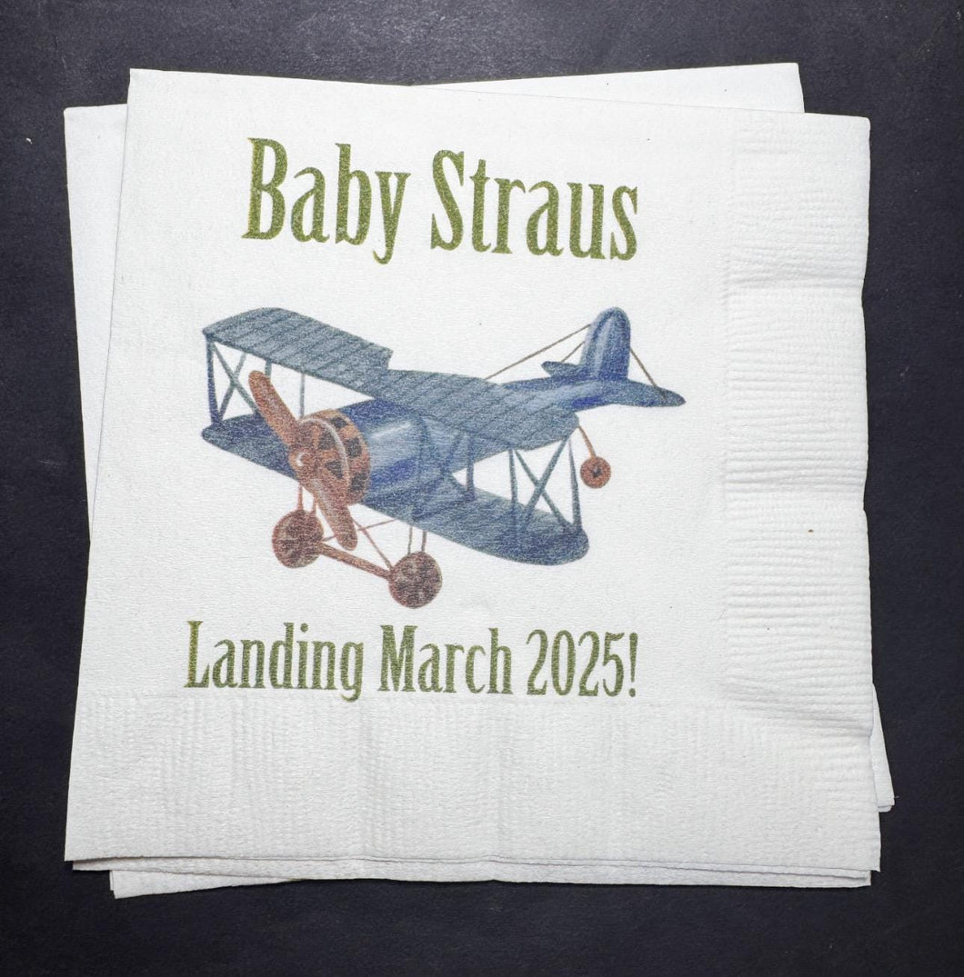 Airplane Baby Shower Baby Landing Blue Airplane Boy Baby Shower Personalized Cocktail, Luncheon or Dinner Napkins Set of 25