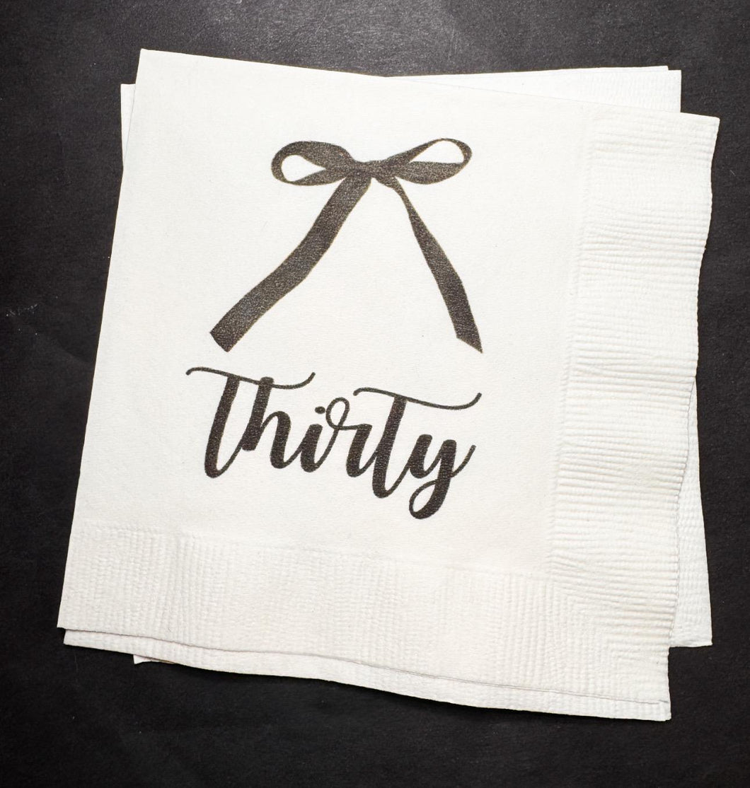 Black Bow 30th Birthday Thirty Birthday Black Coquette Bow Cocktail Party Cocktail, Luncheon or Dinner Napkins Set of 25