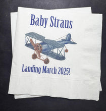 Load image into Gallery viewer, Airplane Baby Shower Baby Landing Blue Airplane Boy Baby Shower Personalized Cocktail, Luncheon or Dinner Napkins Set of 25
