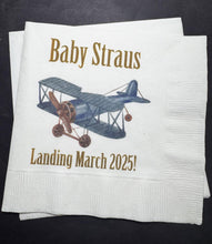 Load image into Gallery viewer, Airplane Baby Shower Baby Landing Blue Airplane Boy Baby Shower Personalized Cocktail, Luncheon or Dinner Napkins Set of 25
