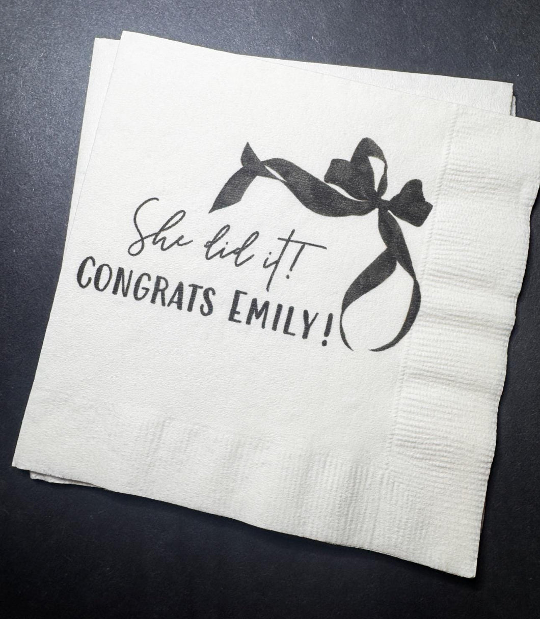 Black Bow Graduation Party Class of 2025 She Did It Bow Graduation Party Personalized Cocktail, Luncheon or Dinner Napkins Set of 25