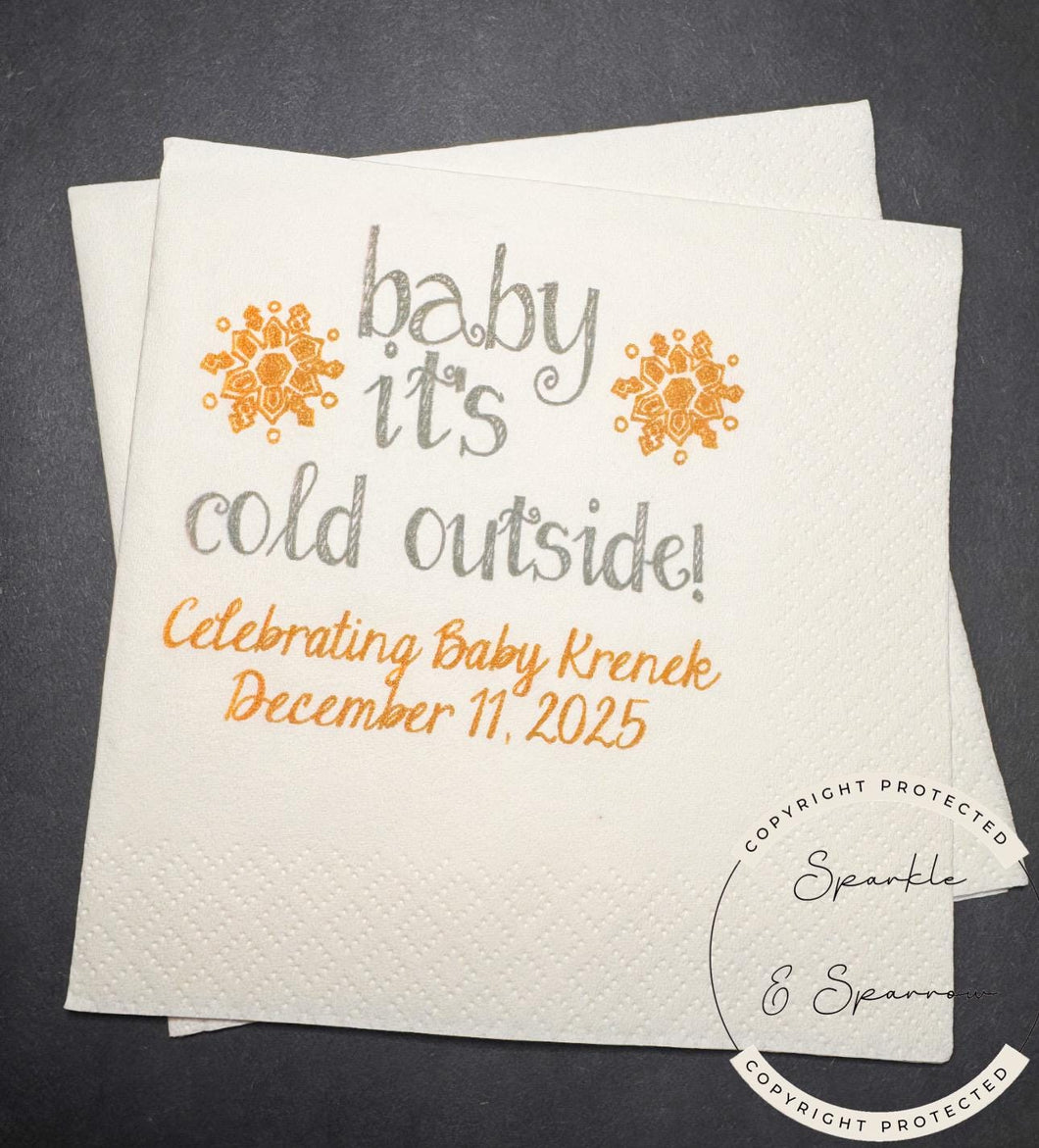 Baby Its Cold Outside Winter Baby Shower Fall Baby Shower Gold Silver Gray Winter Snowflake Cocktail, Luncheon or Dinner Napkins Set of 25