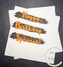 Load image into Gallery viewer, Black Gold Glitter Birthday 50th 30th 40th Custom Birthday Decor Happy Birthday Personalized Cocktail, Luncheon or Dinner Napkins Set of 25
