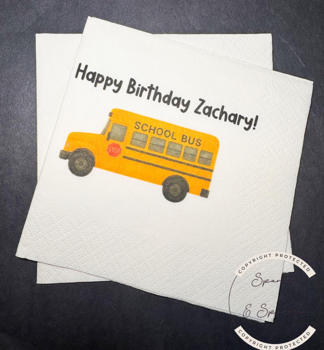 Bus Birthday Yellow Bus theme Wheels Bus Toddler 2nd Birthday Two Bus Personalized Cocktail, Luncheon or Dinner Napkins Set of 25