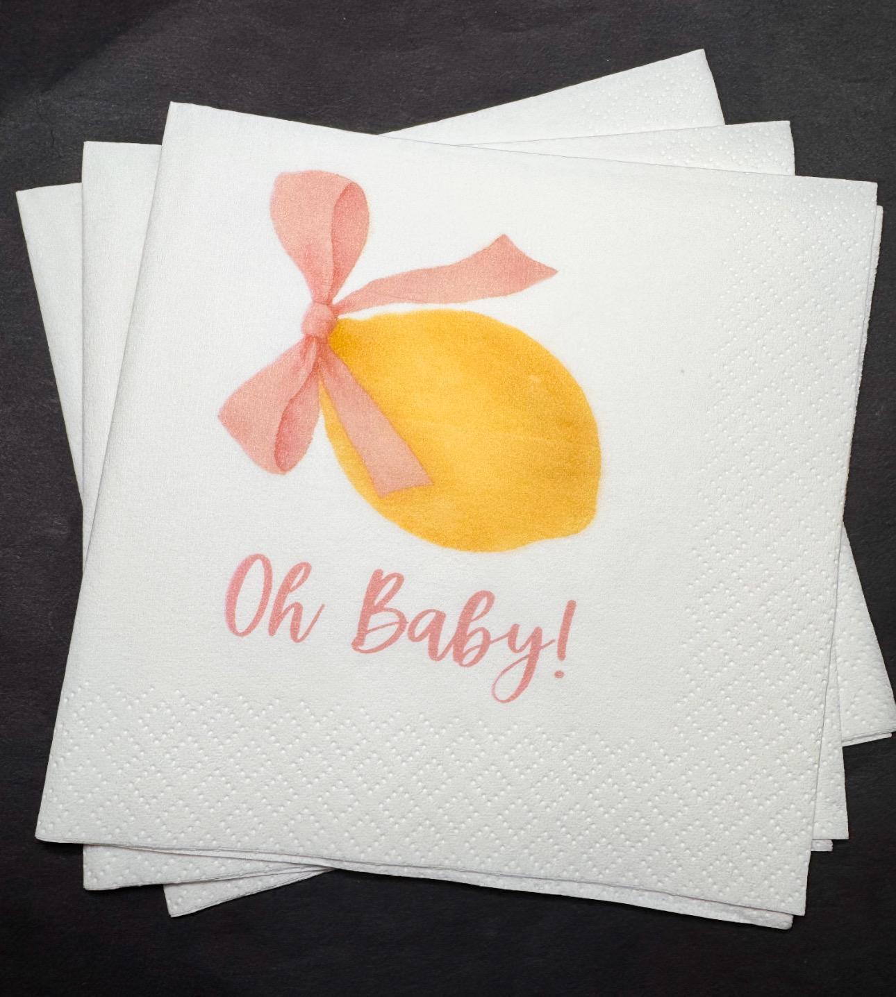 Lemon Pink Bow Oh Baby Lemon Italian Baby Shower Summer Lemon Citrus Baby Shower Pink Bow Cocktail, Luncheon or Dinner Napkins Set of 25