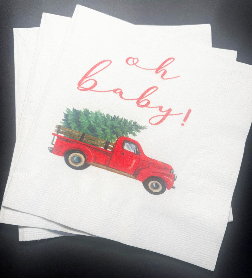Red Truck Oh Baby Baby Shower Oh Baby Winter Christmas Tree December Baby Shower Cocktail, Luncheon or Dinner Napkins Set of 25
