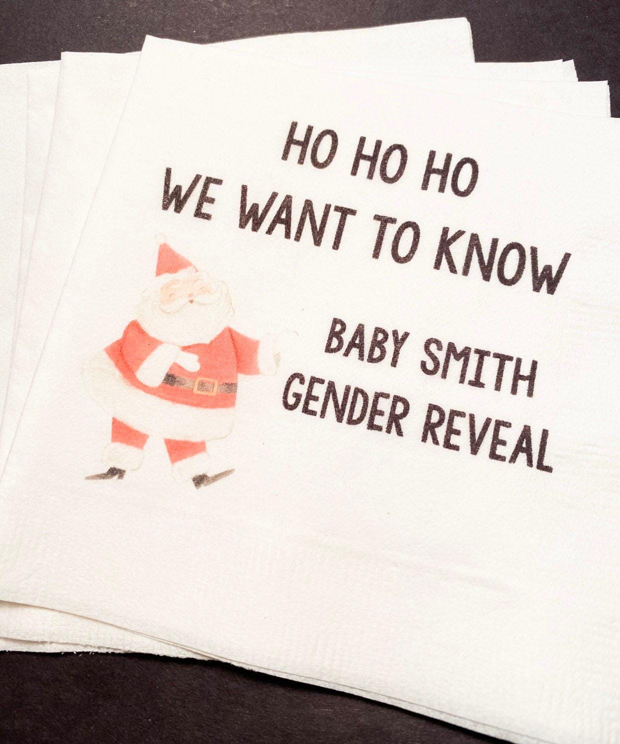 Christmas Gender Reveal Ho Ho Ho We Want To Know He or She Santa Winter December Baby Reveal Personalized Cocktail Napkins, Set of 25