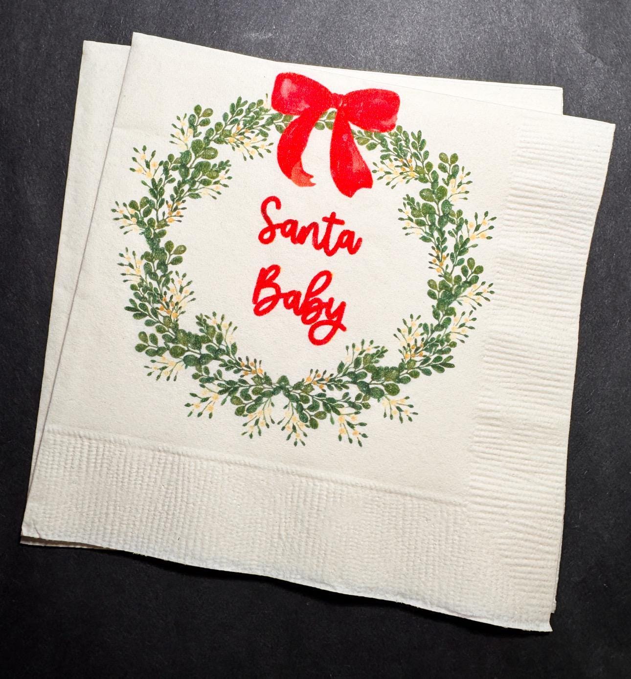 Santa Baby Red Bow Christmas Baby Shower Santa Baby Gender Reveal Christmas December Gender Reveal Cocktail or Luncheon Napkins, Set of 25