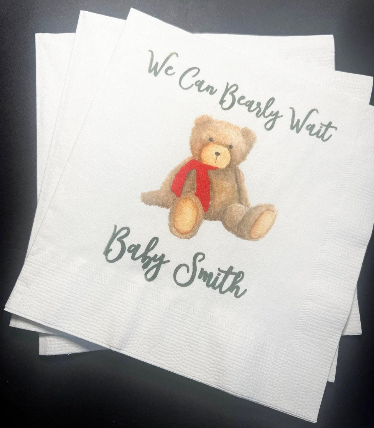 Teddy Bear Baby Shower We can Bearly Wait Red Bow Christmas Bear Baby Shower Personalized Cocktail, Luncheon or Dinner Napkins Set of 25