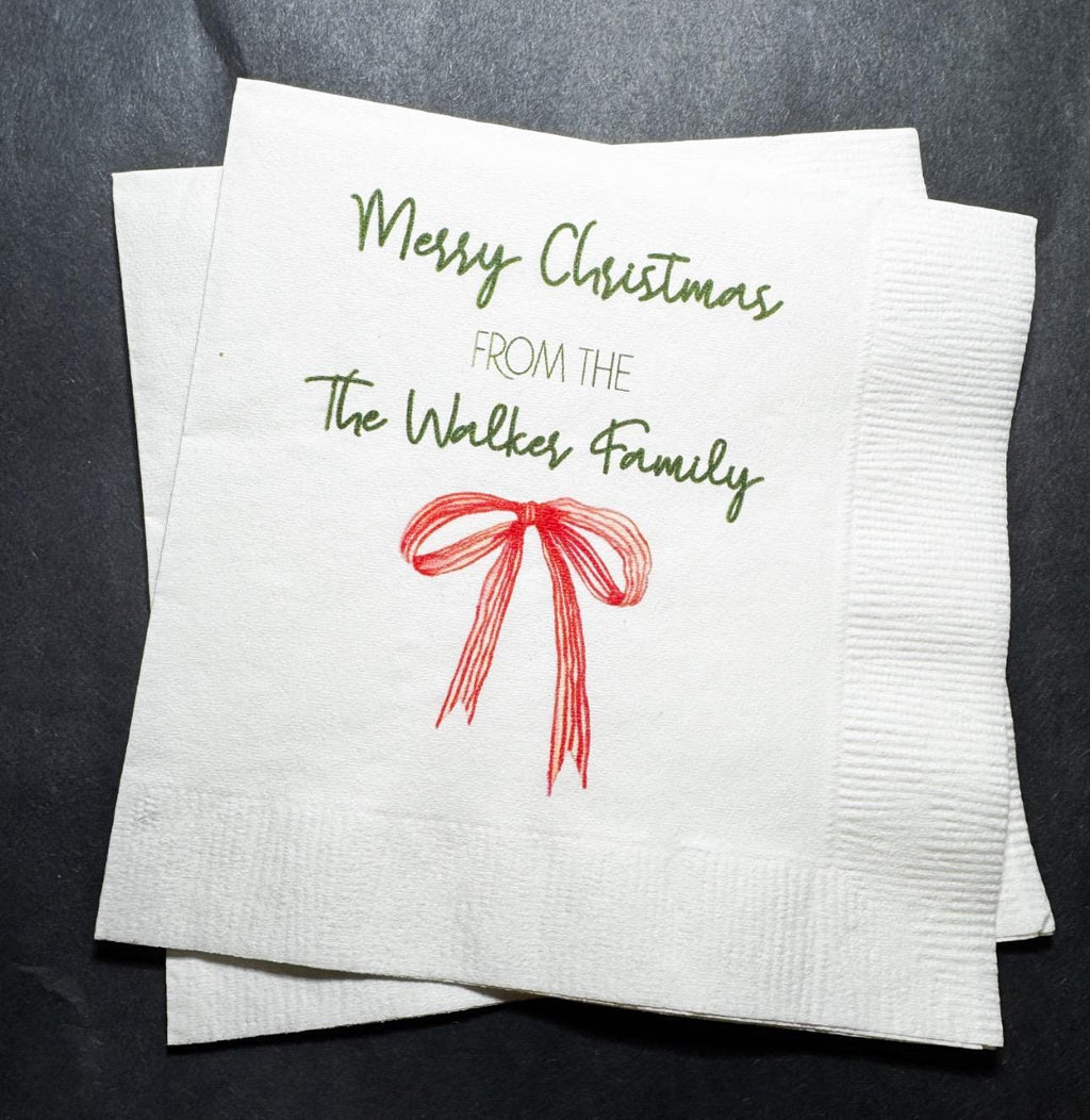 Christmas Red Bow Family Christmas Party Gathering Holiday Party Christmas Eve Personalized Cocktail, Luncheon or Dinner Napkins Set of 25