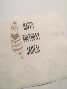 Personalized Boho Feather Kraft Gold Pow Wow First Birthday Bohemian Cocktail or Luncheon Napkins, Set of 25