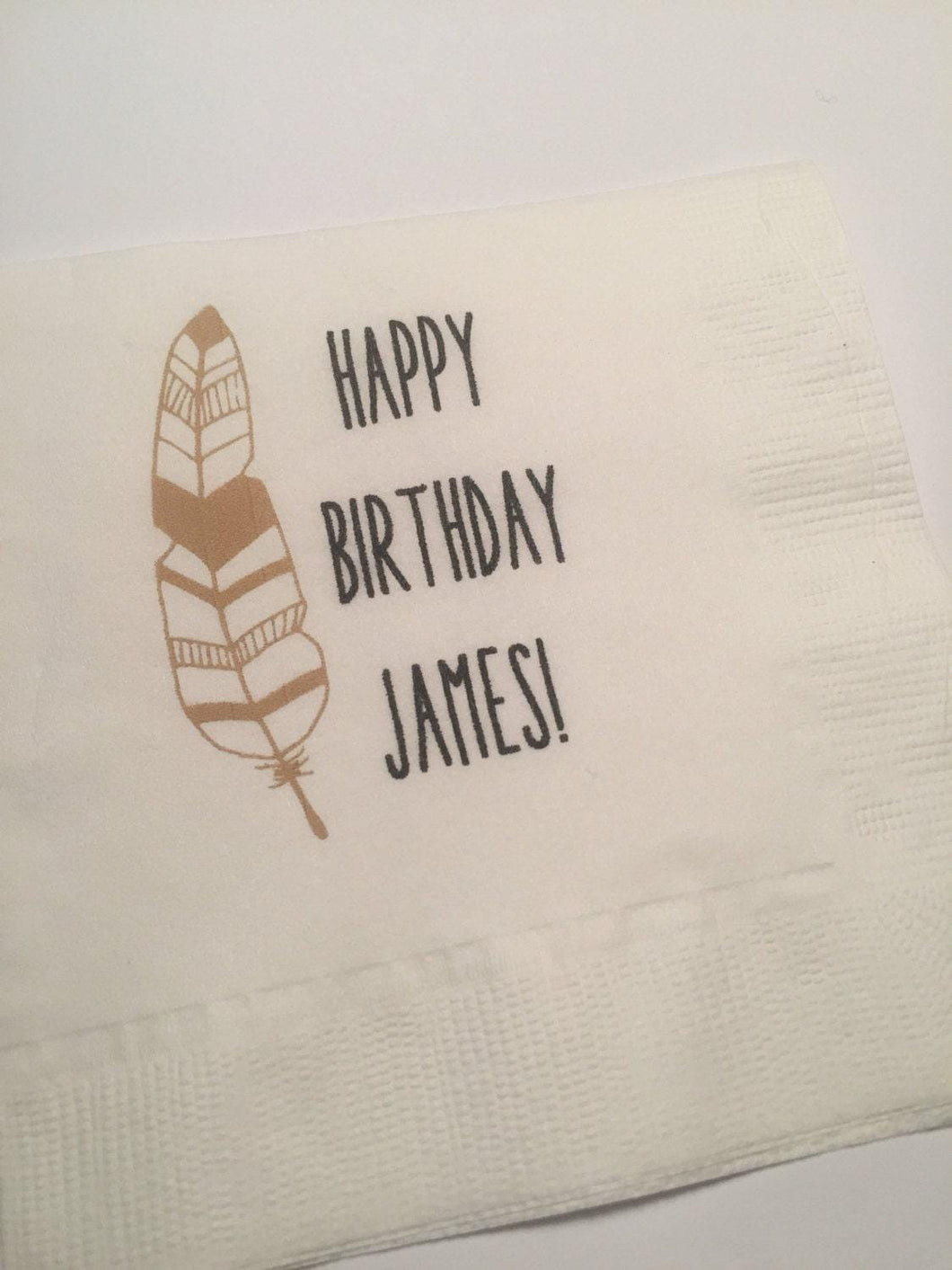 Personalized Boho Feather Kraft Gold Pow Wow First Birthday Bohemian Cocktail or Luncheon Napkins, Set of 25