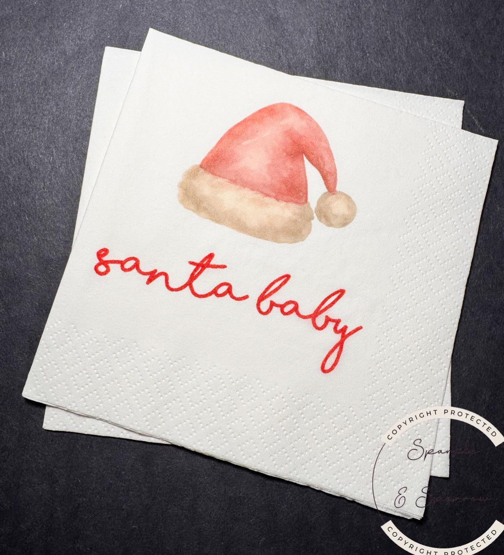 Santa Baby Christmas Baby Shower Pink Santa Hat Baby Gender Reveal Christmas Reveal Pink Baby Cocktail, Luncheon or Dinner Napkins Set of 25