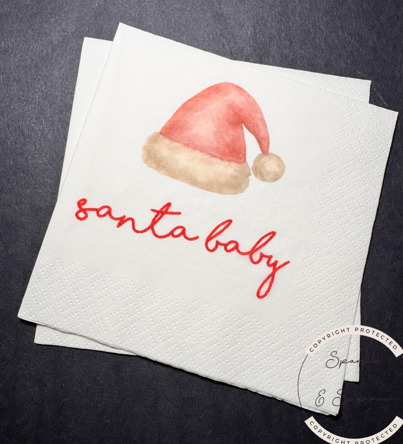 Santa Baby Christmas Baby Shower Pink Santa Hat Baby Gender Reveal Christmas Reveal Pink Baby Cocktail, Luncheon or Dinner Napkins Set of 25