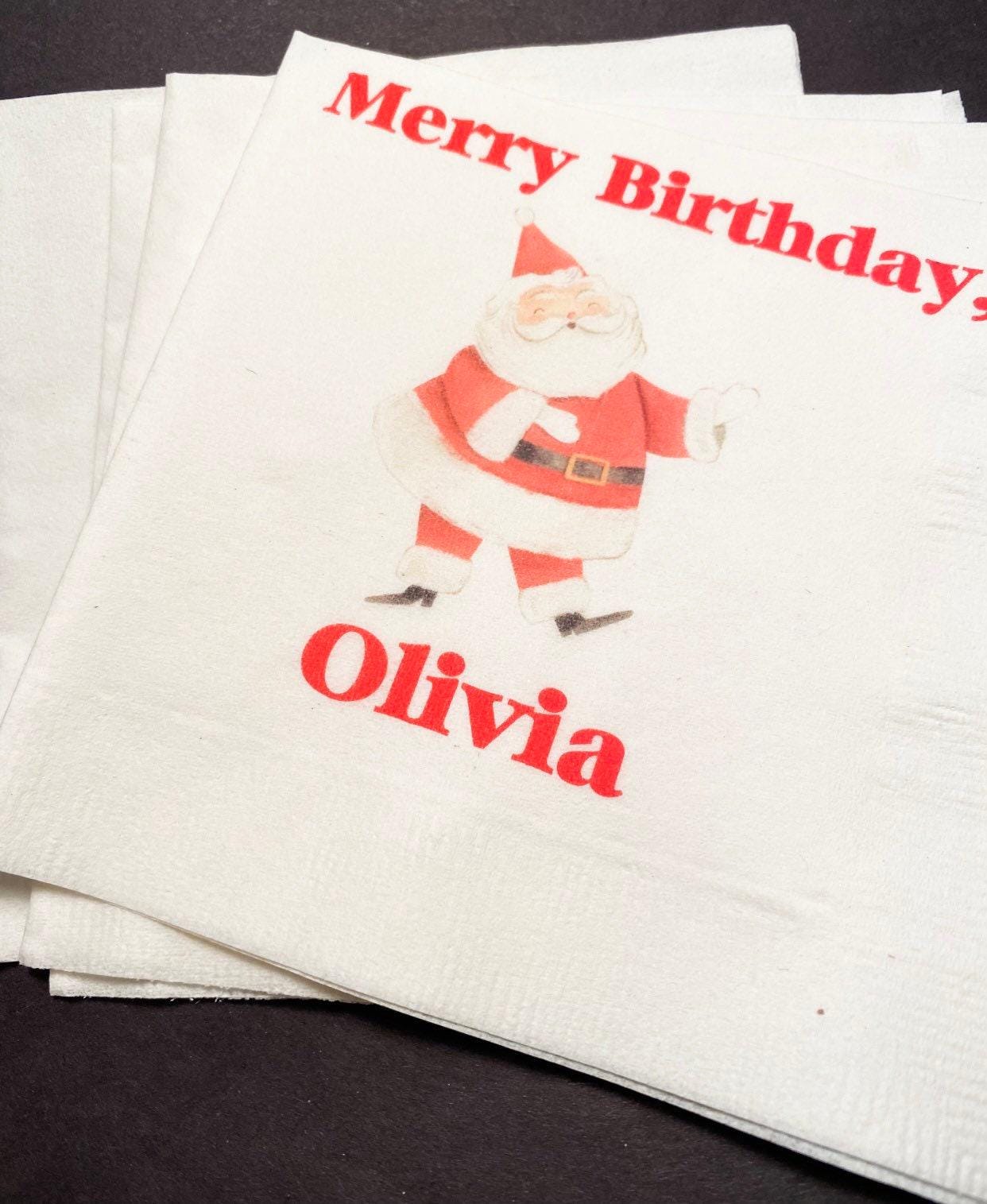 Merry Birthday December Christmas Santa Birthday Very Merry Personalized Cocktail, Luncheon or Dinner Napkins Set of 25