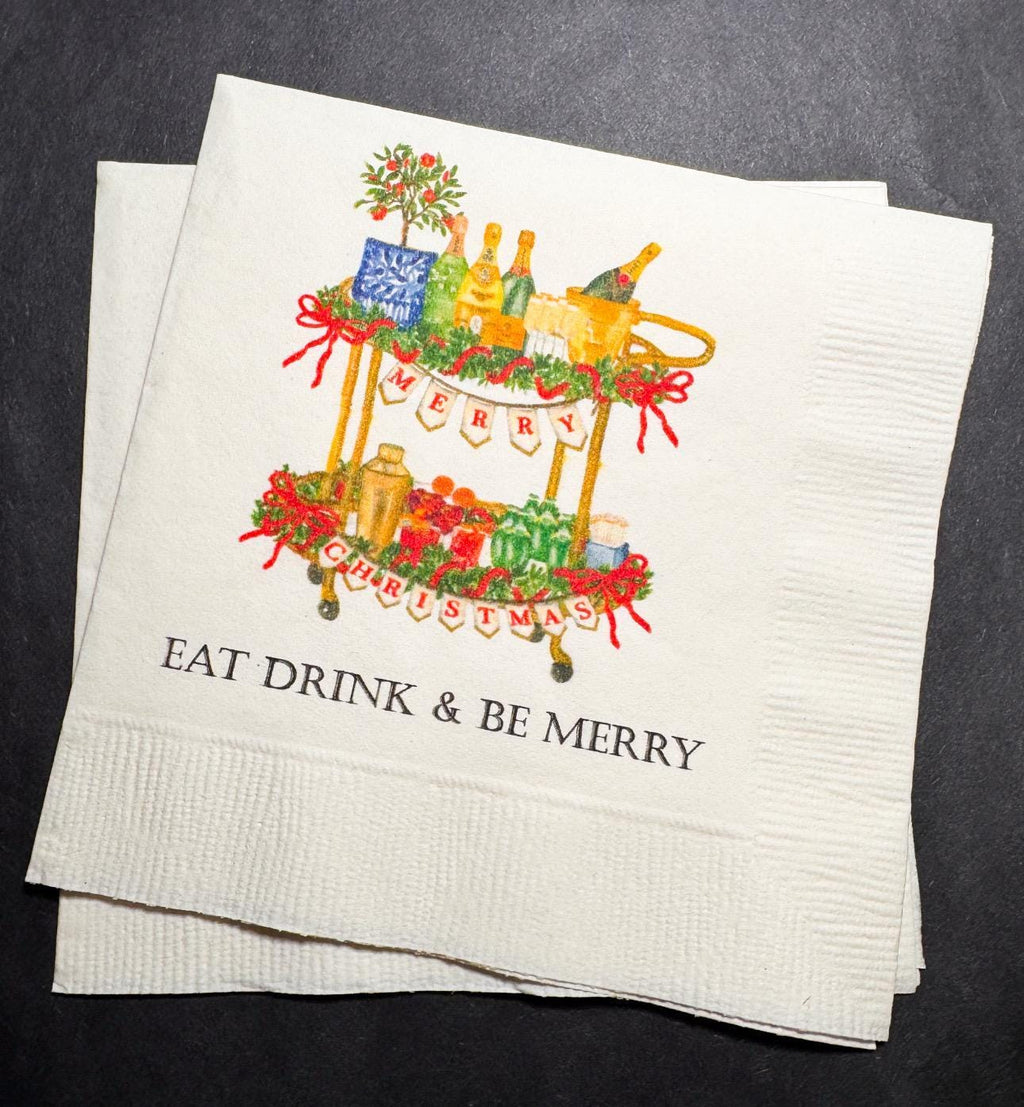 Eat Drink Be Merry Christmas Bar Cart Christmas Cocktail Holiday Party Red Bow Friendsmas Cocktail, Luncheon or Dinner Napkins Set of 25