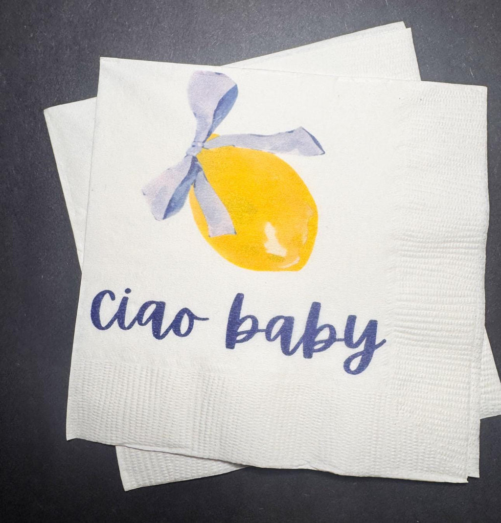 Ciao Baby Lemon Oh Baby Blue Bow Italian Baby Shower Lemon Baby Shower Summer Lemon Baby Cocktail, Luncheon or Dinner Napkins Set of 25