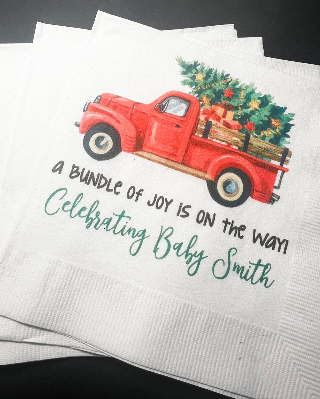 Bundle of Joy is on the Way Red Truck Winter Christmas Tree December Baby Shower Personalized Cocktail, Luncheon or Dinner Napkins Set of 25