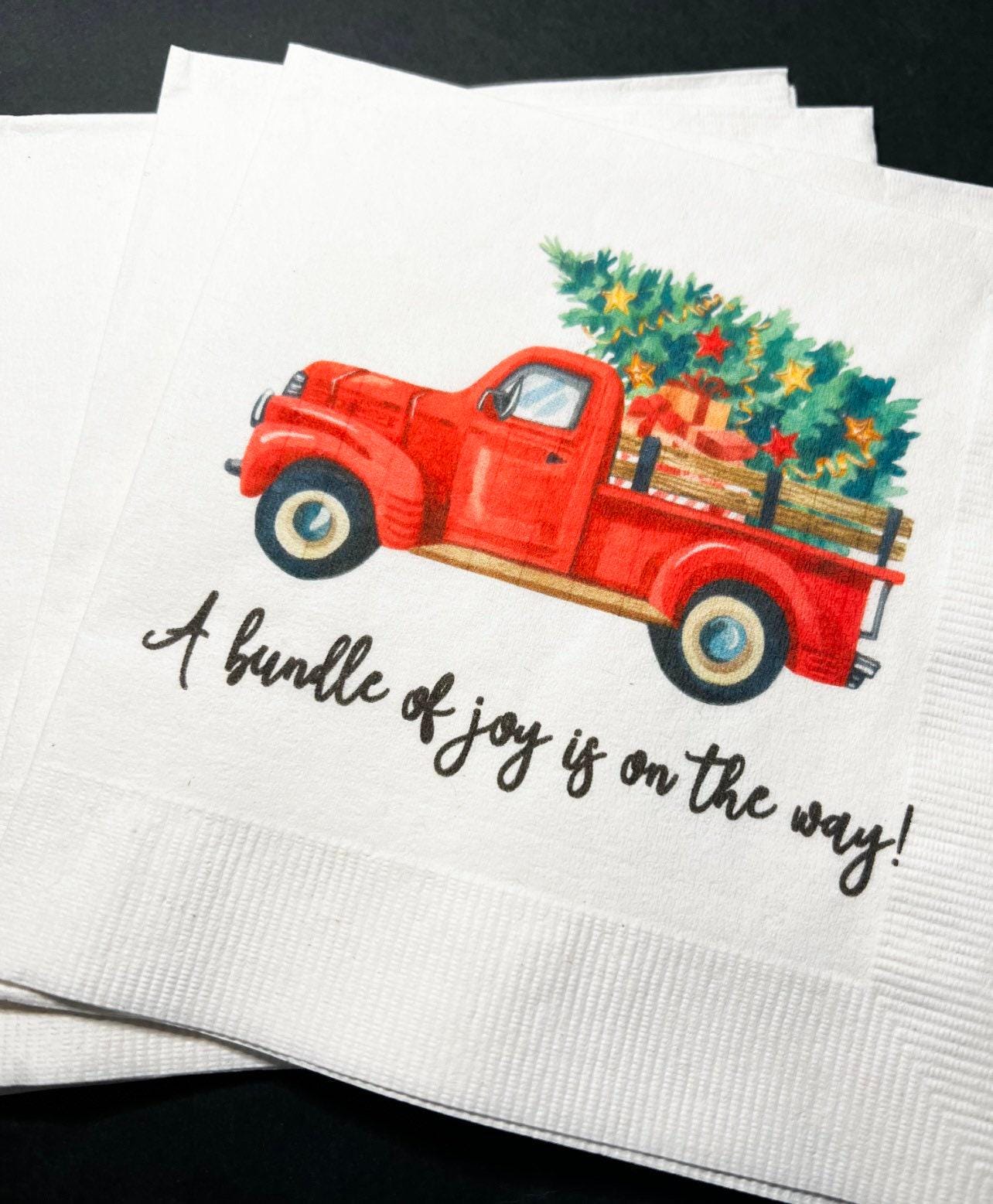 Bundle of Joy is on the Way Red Truck Winter Christmas Tree December Baby Shower Cocktail, Luncheon or Dinner Napkins Set of 25